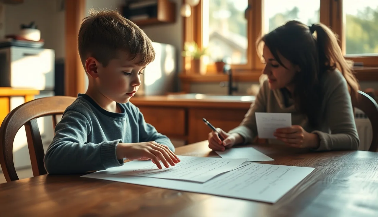 Child and adult practicing letter sounds together at a kitchen table