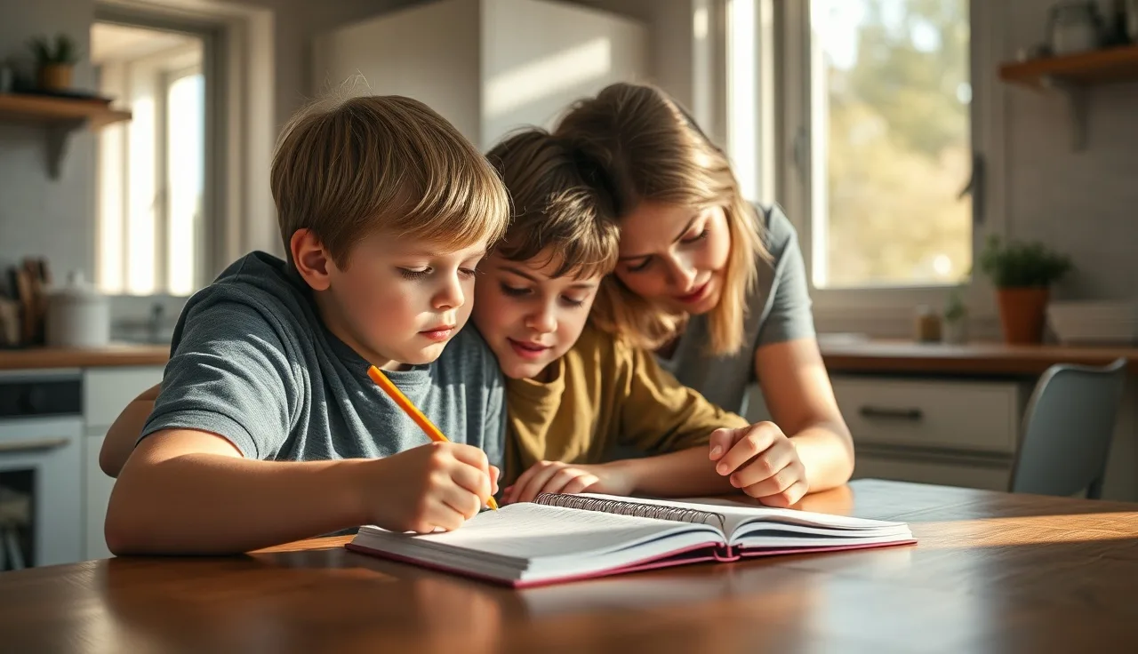 Child and parent working together at kitchen table, learning disability support at home