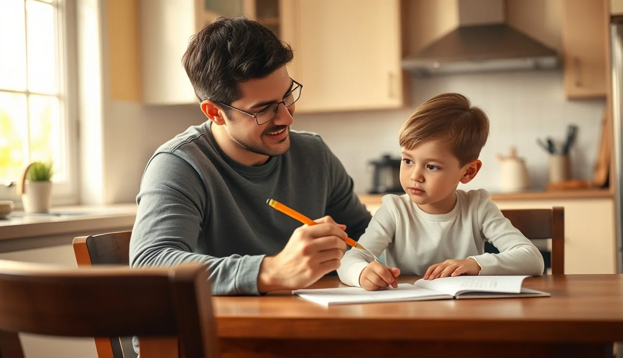 Parent and child working together at a kitchen table, warm morning light