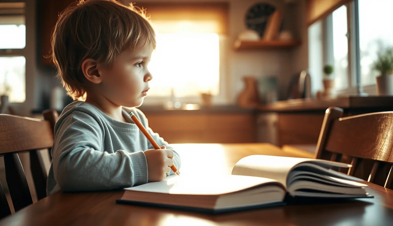 Young child at kitchen table with pencil and notebook in morning light