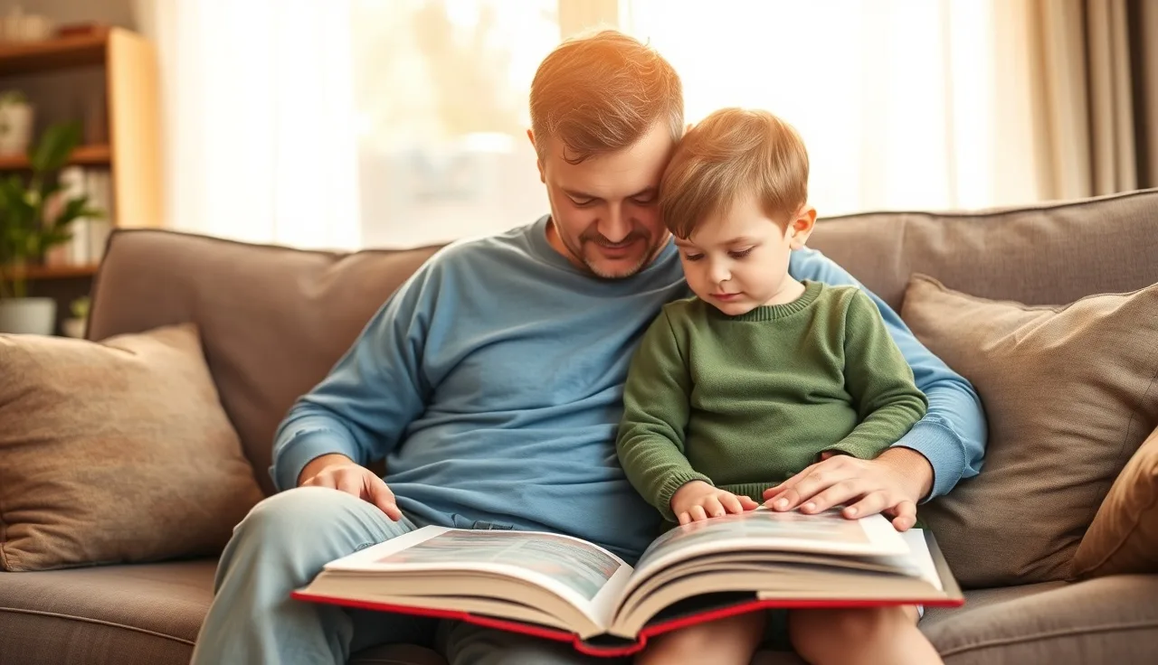 Parent and child sitting together reading an open book on a couch
