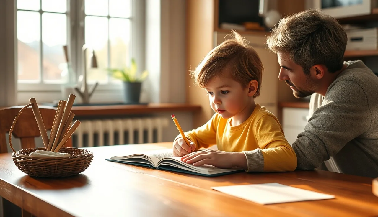Child and adult at kitchen table working through reading together in morning light