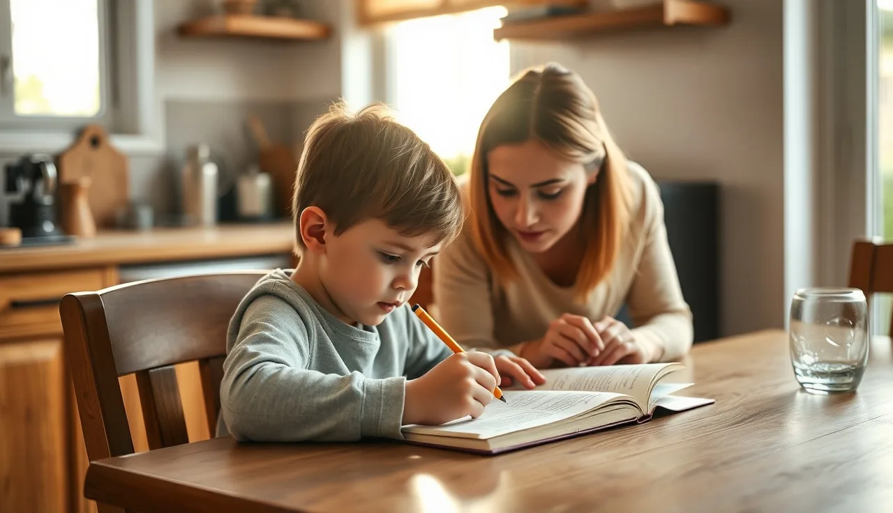 Child and parent working together at a kitchen table on reading worksheets