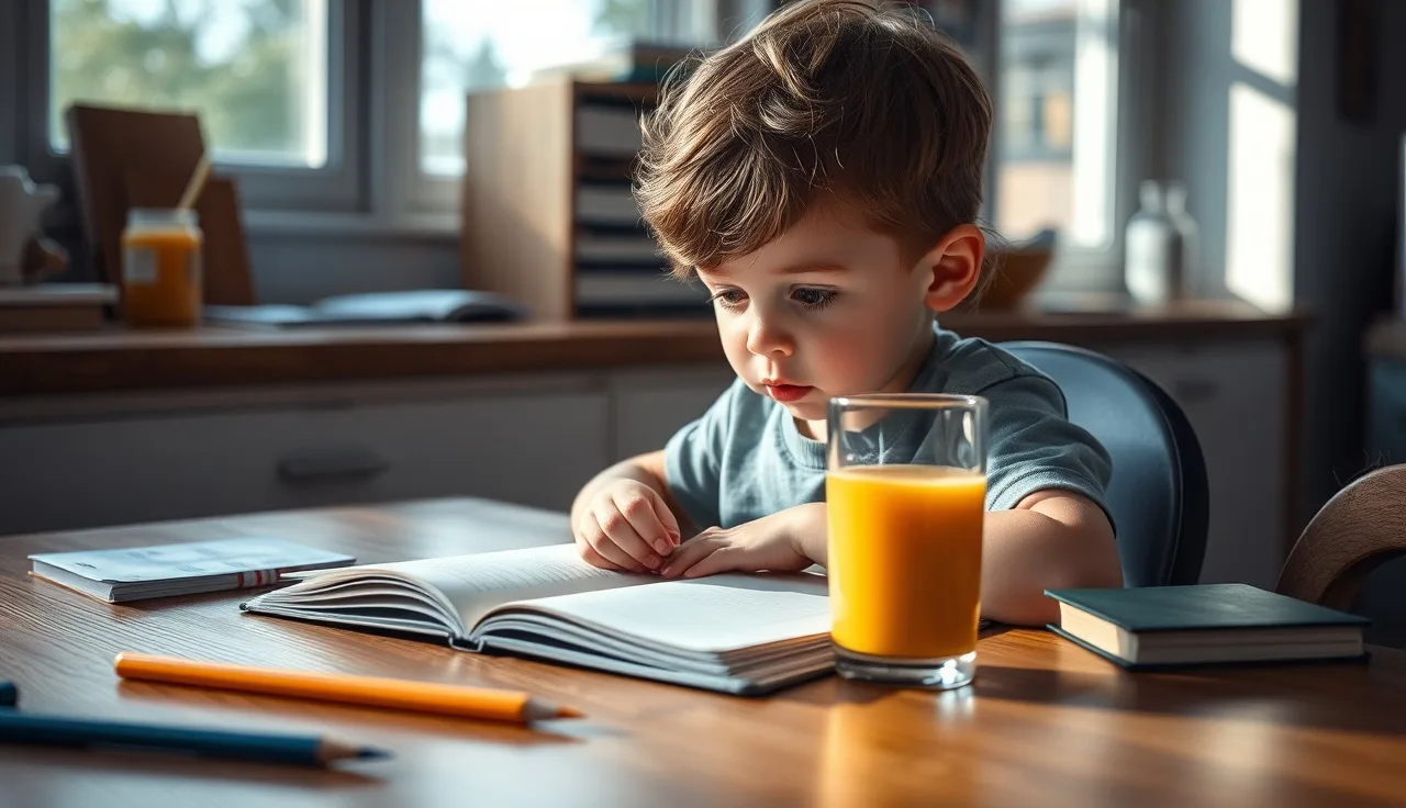 Young child sitting at kitchen table looking at notebook, soft morning light