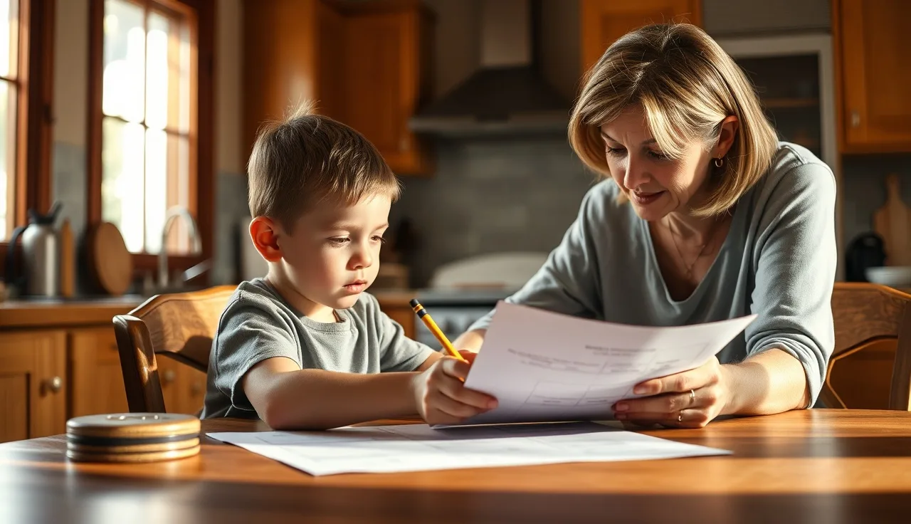 Child and parent working together at a kitchen table on a reading worksheet