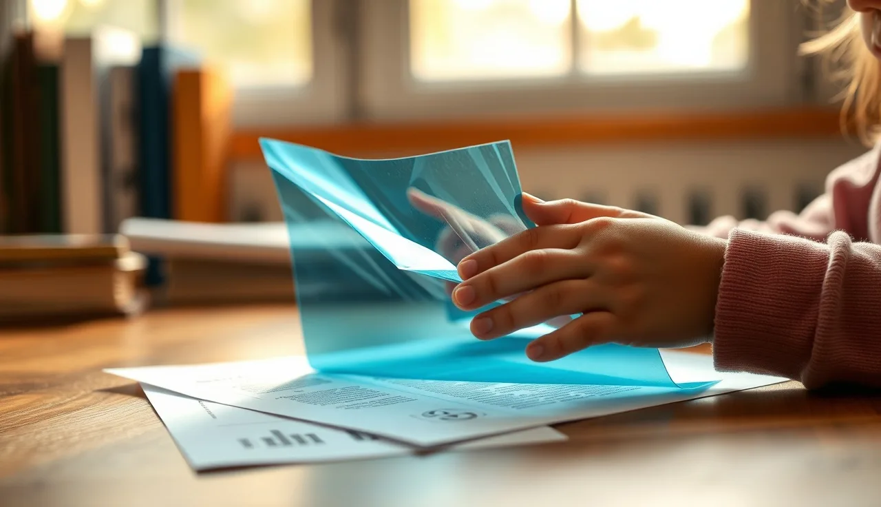 Child's hands placing a blue colored overlay on a printed page at a wooden desk