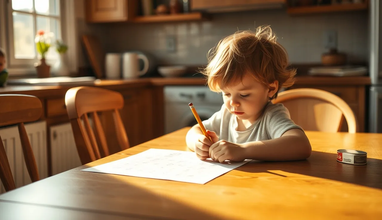 Child reading a large-print worksheet at a kitchen table in morning light