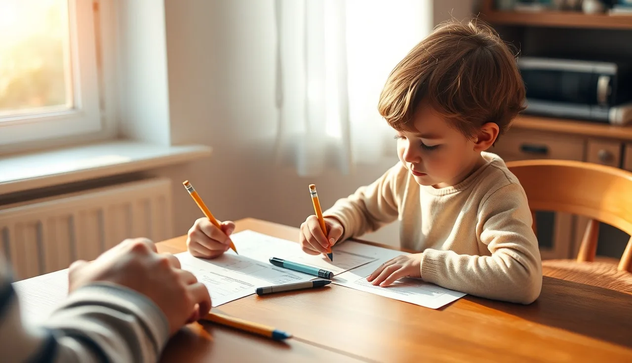 Young child working on learning exercises at a kitchen table with an adult nearby