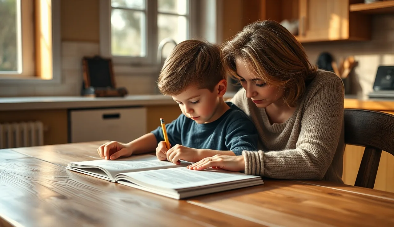Child and parent working together at a kitchen table on reading practice