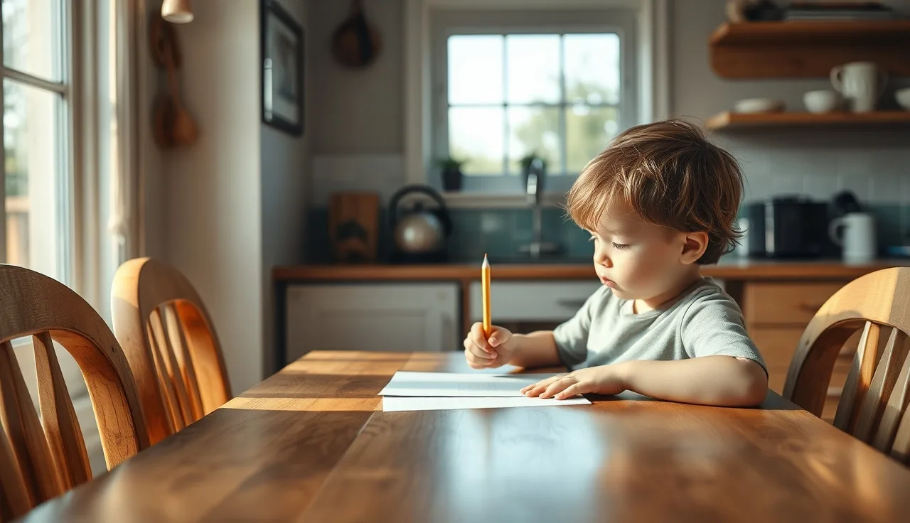 Young child concentrating while writing at a kitchen table in morning light