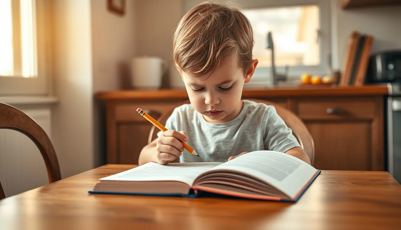 Young child at a kitchen table working through a reading workbook in morning light