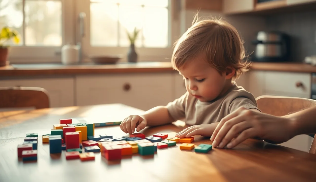 Child working with letter and number tiles at a kitchen table with adult support