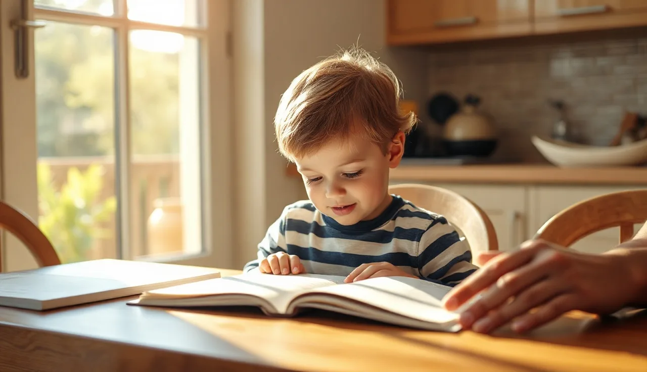 Child reading at a kitchen table with a parent nearby in warm light