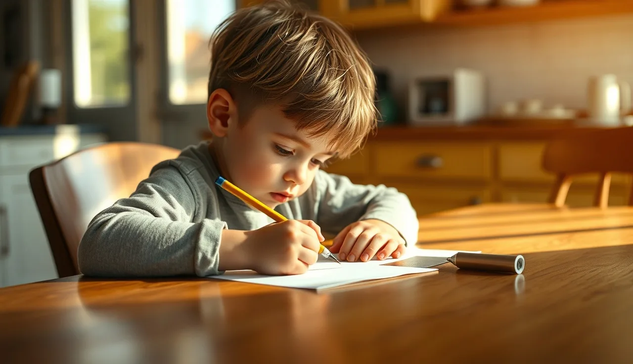 Child writing carefully at a kitchen table, showing spelling concentration