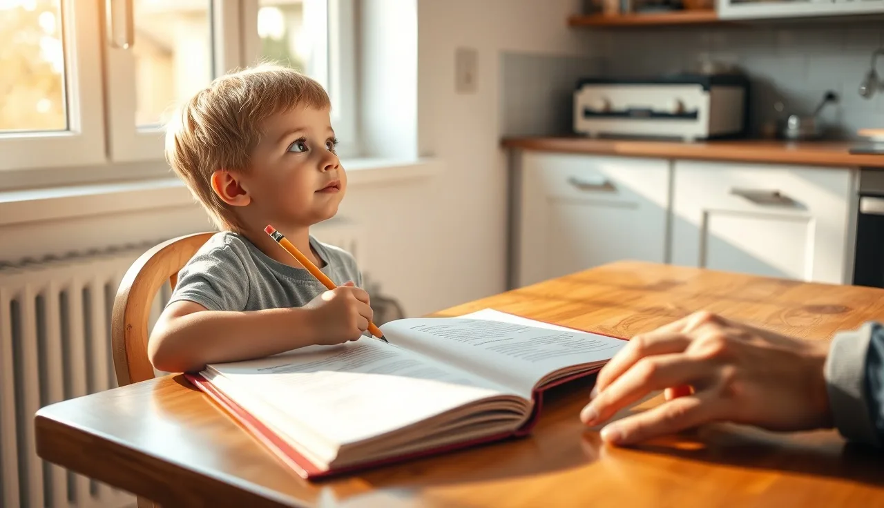 Young child at a kitchen table working on reading exercises with an adult nearby