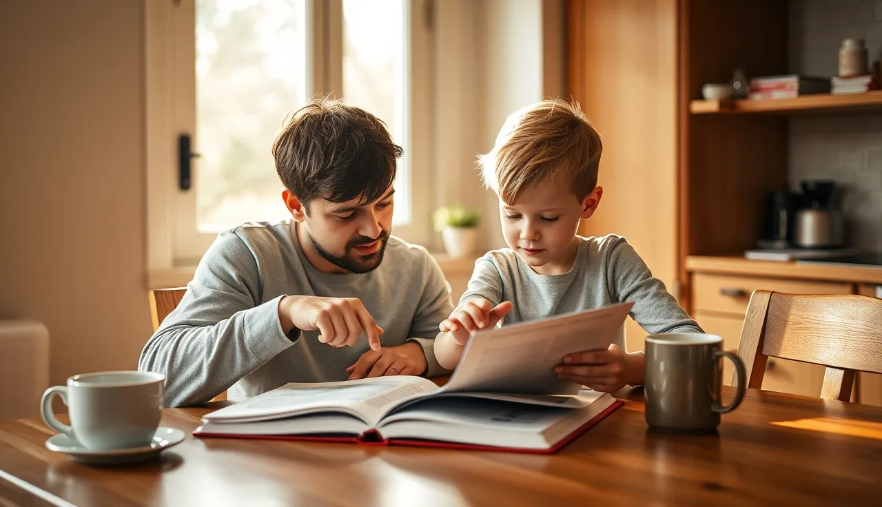 Parent and young child working together at kitchen table examining a notebook