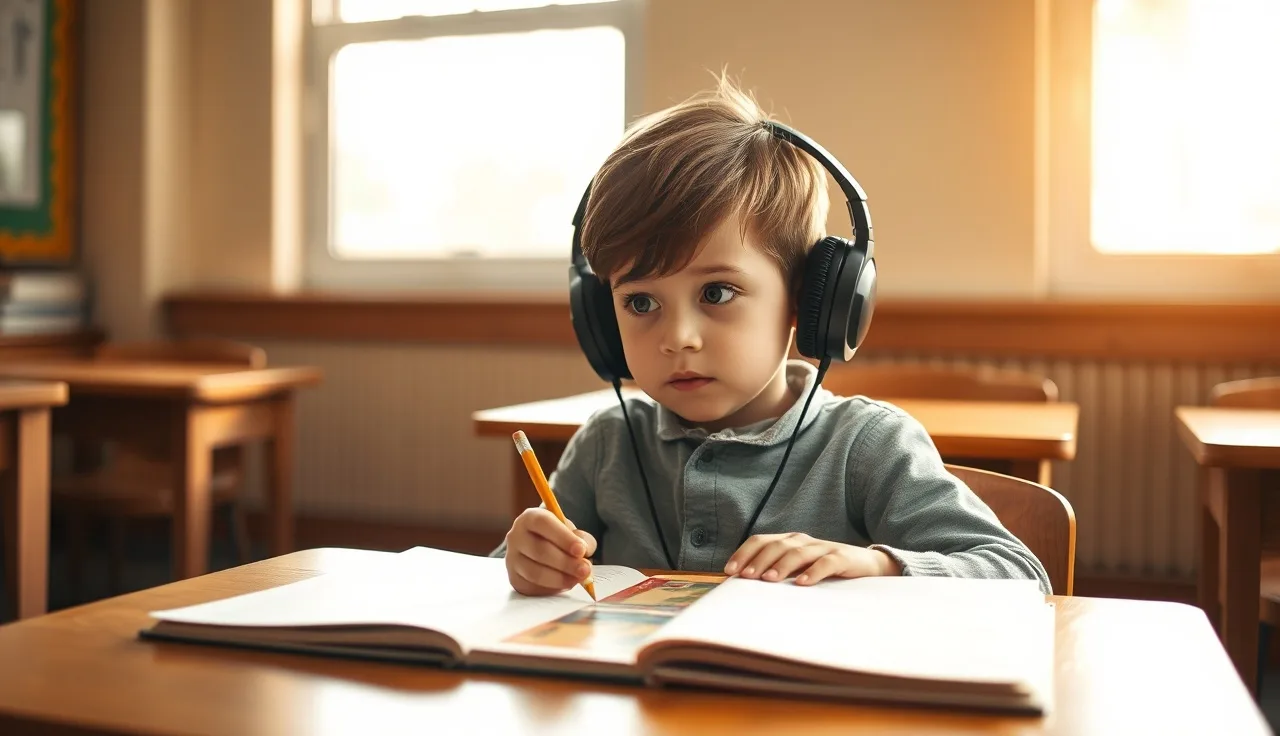 Child with headphones at a school desk using text-to-speech accommodation for dyslexia