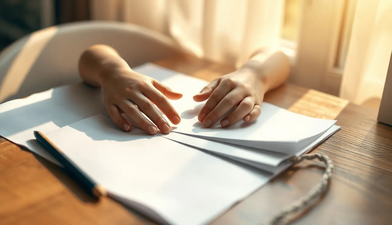 Child's hands on blue and cream paper sheets at a wooden desk in warm light
