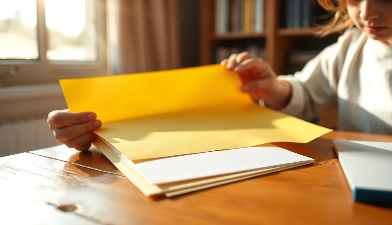 Child's hands placing yellow and white paper sheets on a wooden desk in soft afternoon light