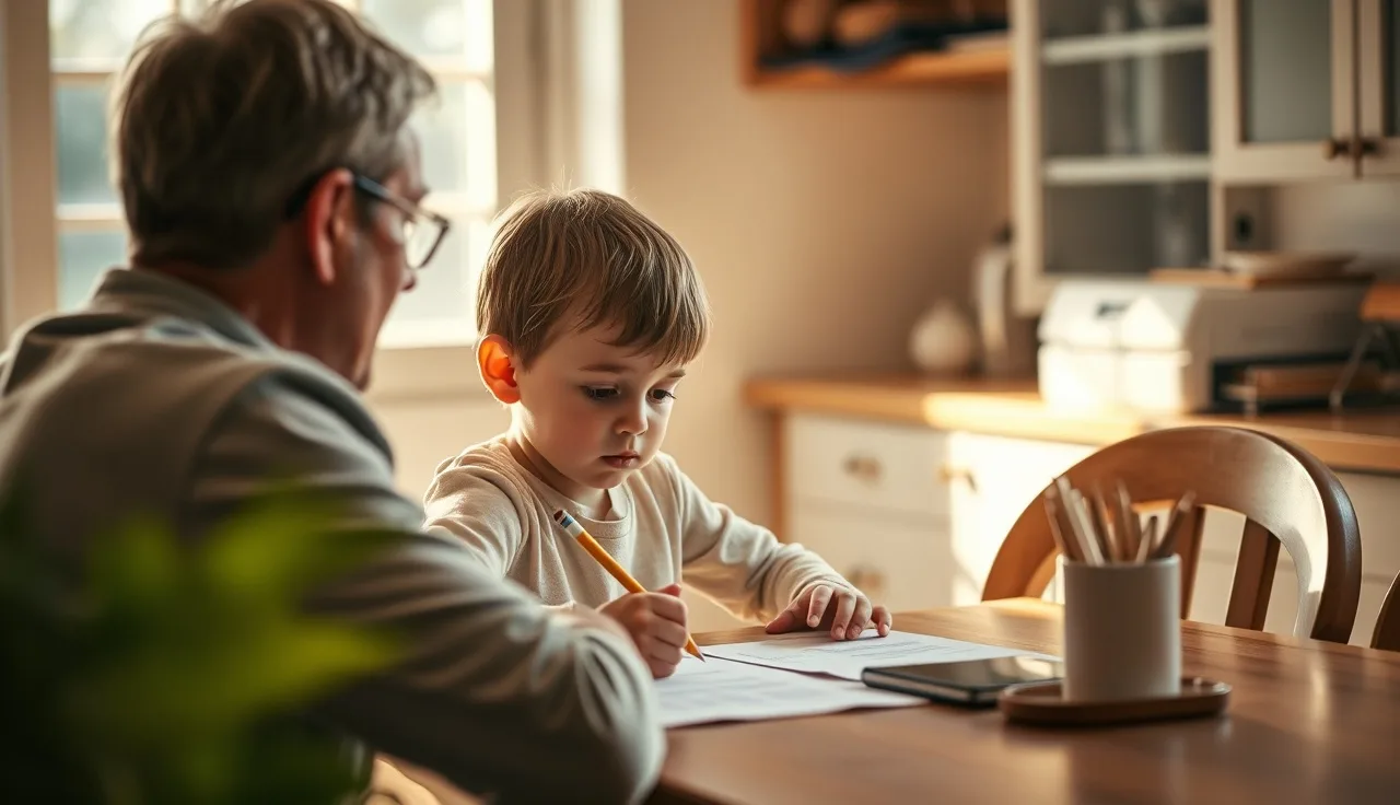Child sitting at kitchen table with pencil, adult nearby, representing dyslexia and attention challenges