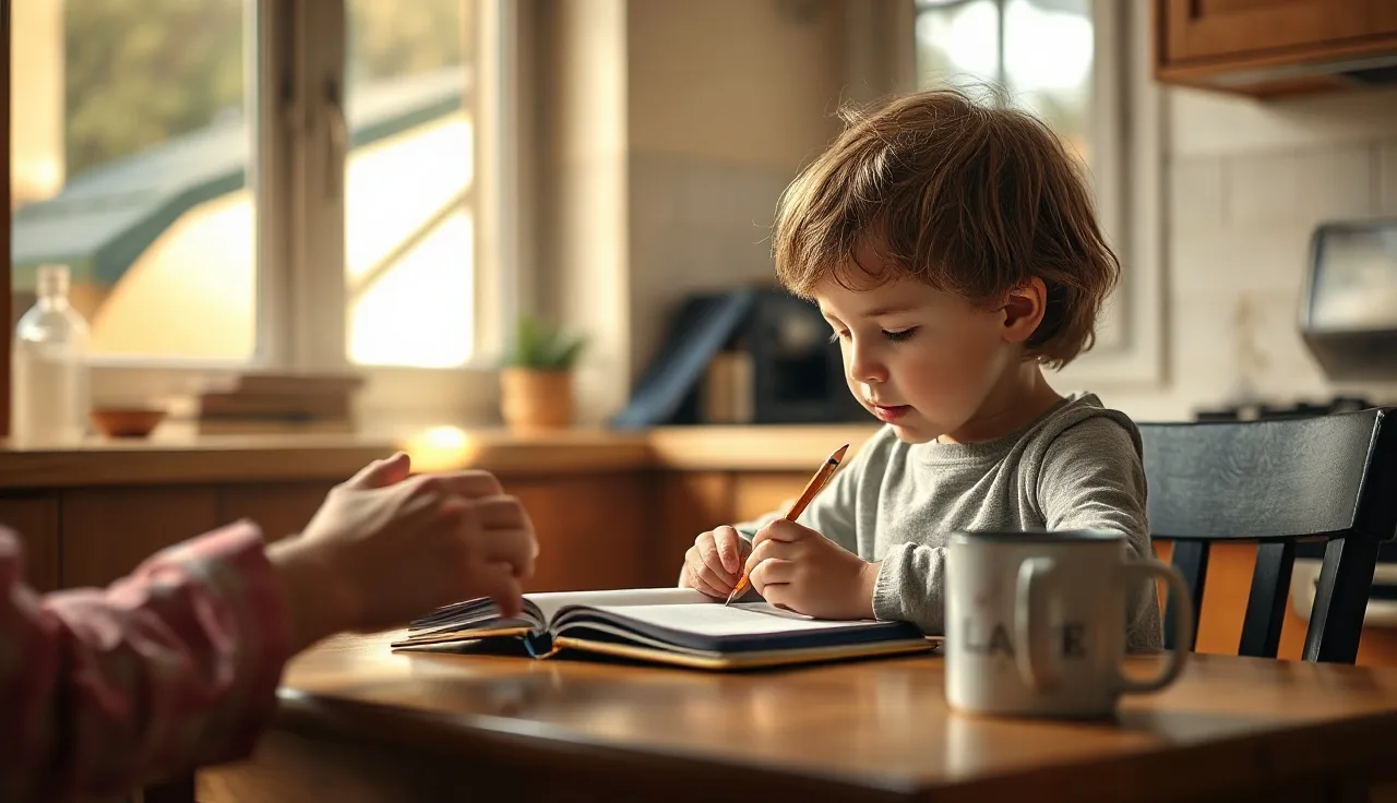 Child working at kitchen table with adult support, natural morning light