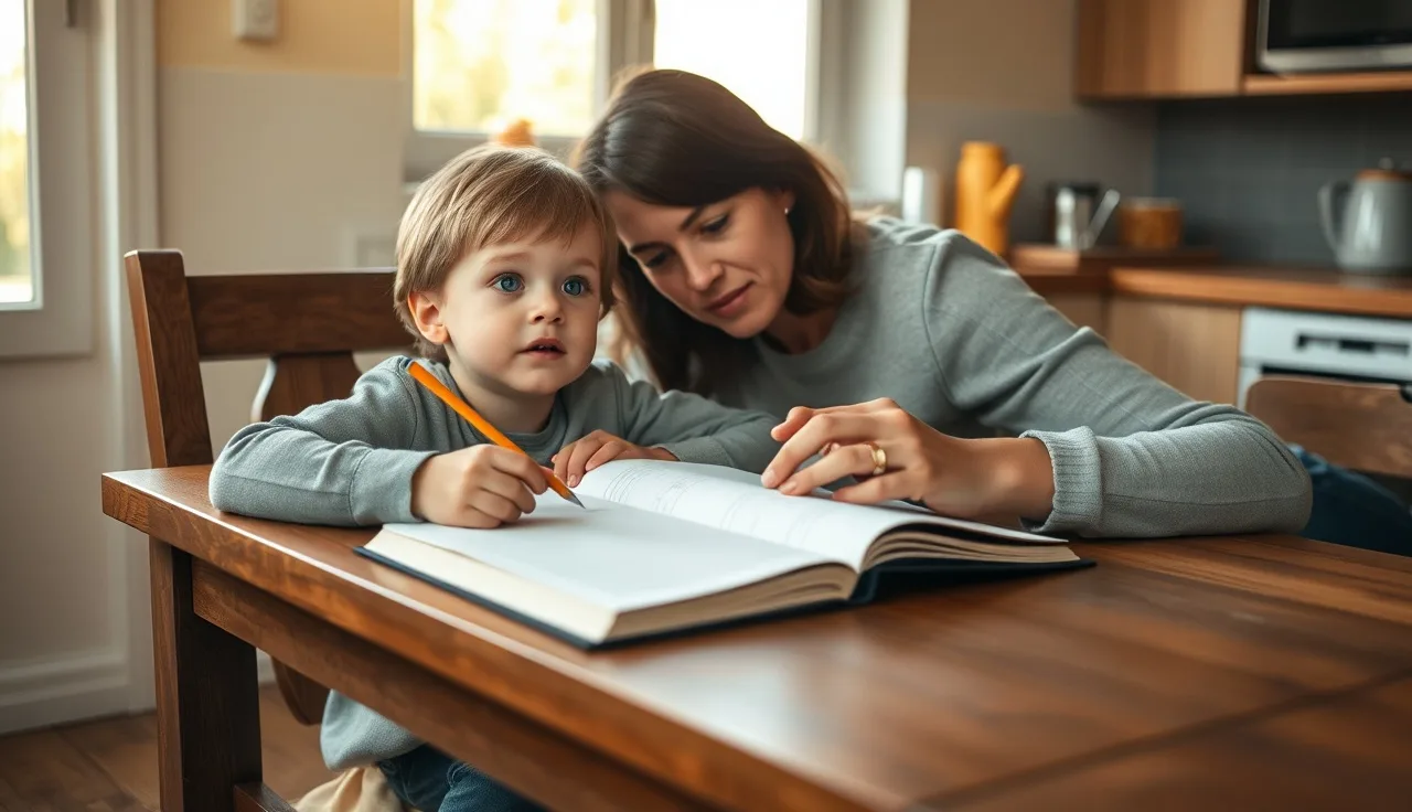 Child and parent sitting together at kitchen table, working on reading and writing