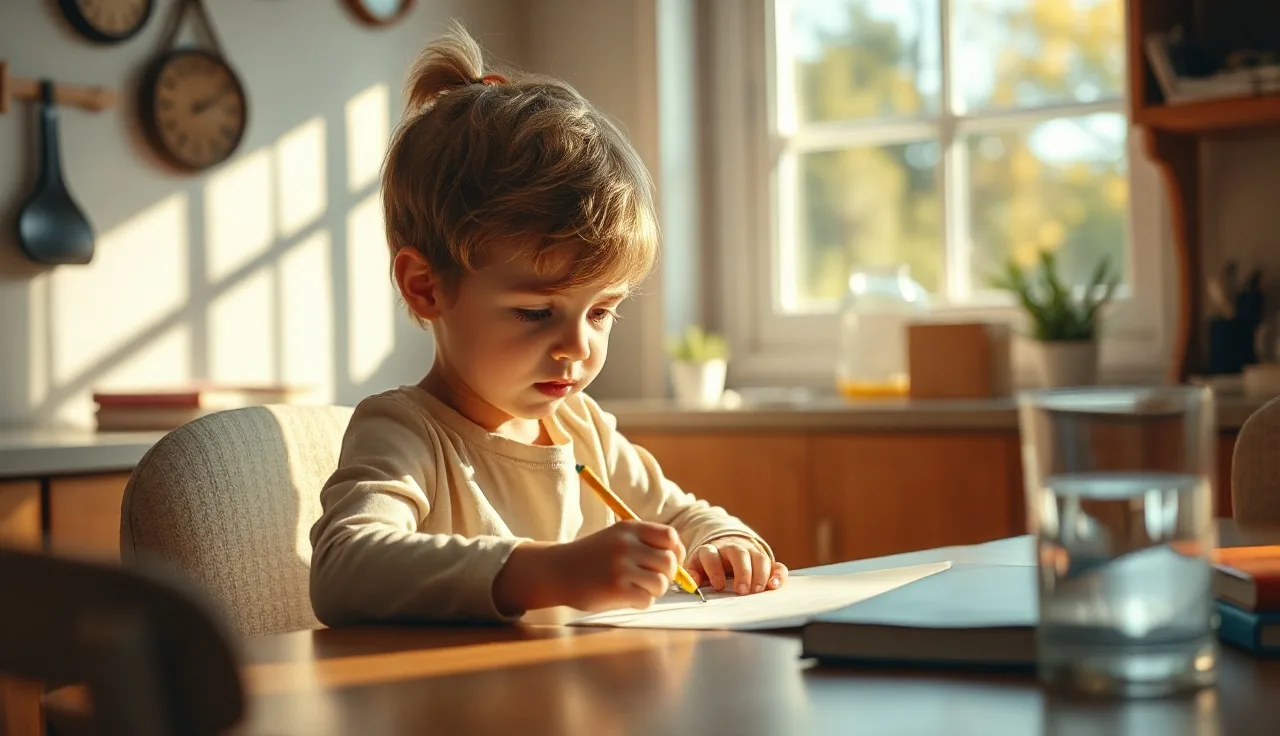 Young child concentrating at a kitchen table, showing reading and writing effort