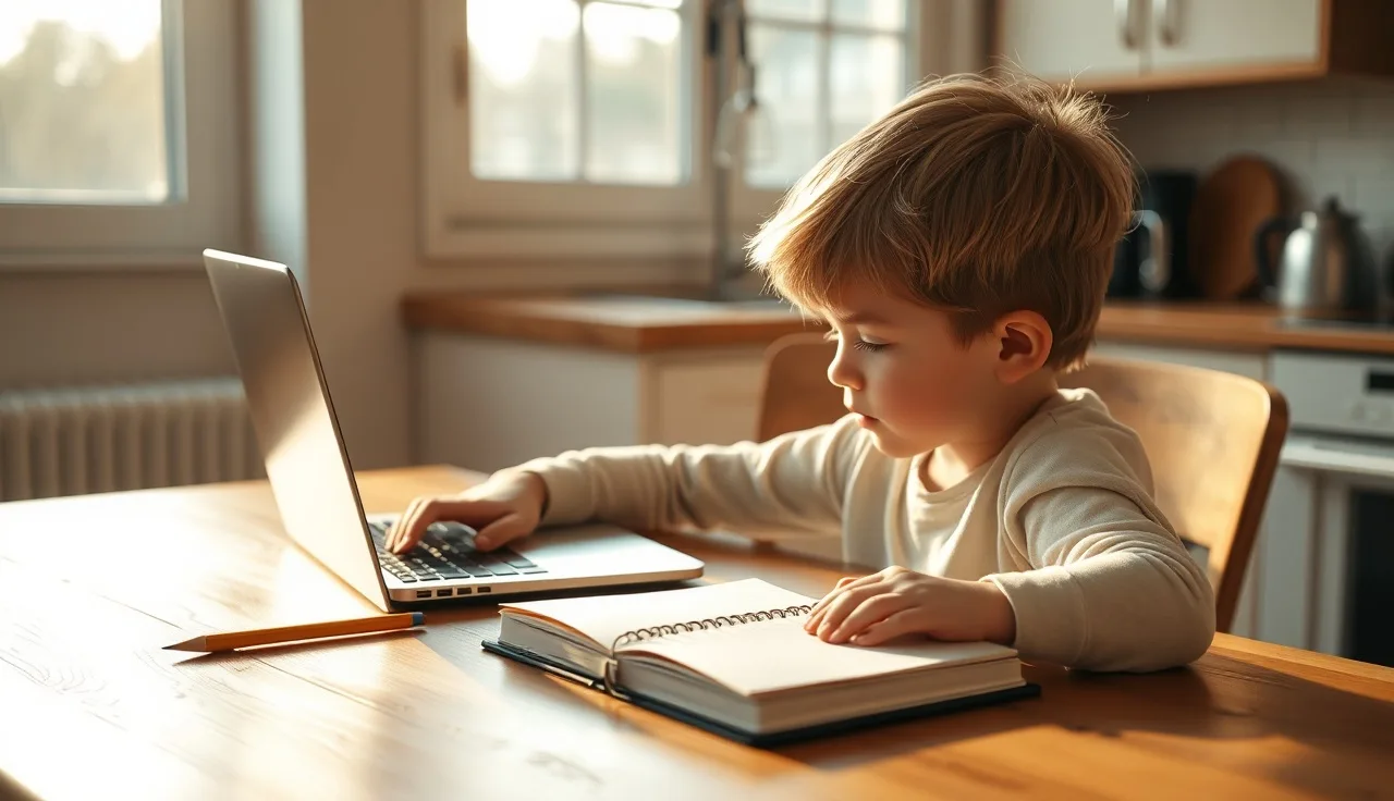 Child reading on a laptop at a kitchen table with warm morning light