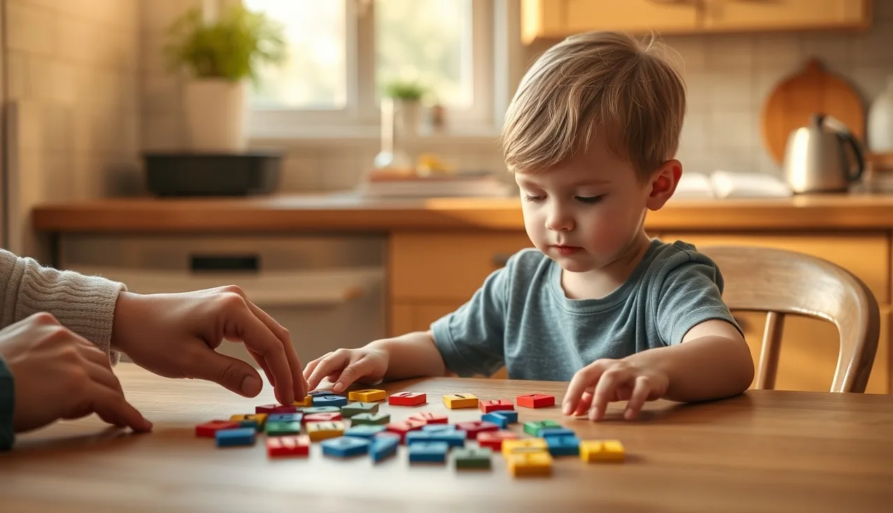 Young child arranging letter tiles at kitchen table while adult assists