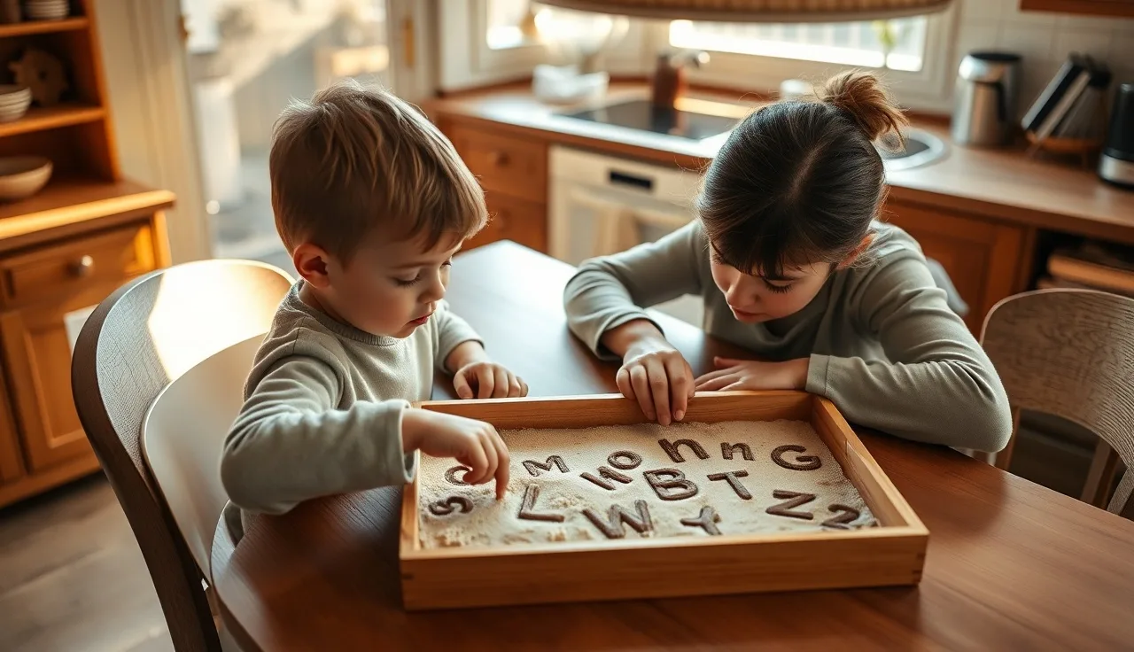 Child tracing letters in sand tray while adult guides them at a kitchen table