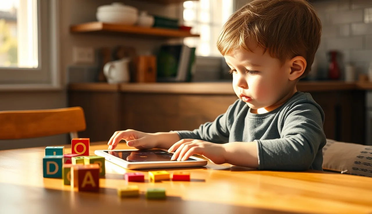 Young child using a tablet to practice reading at a kitchen table
