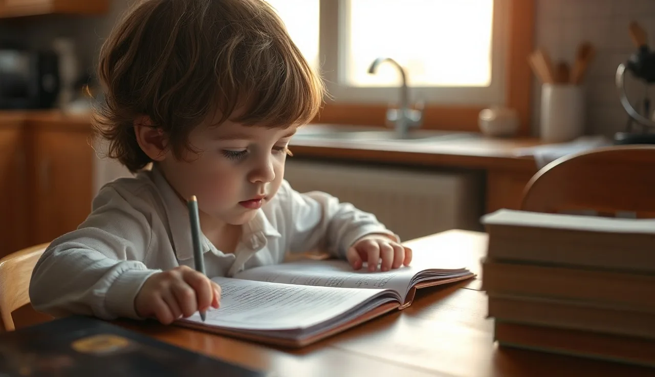 Child tracing a finger under text at a table, illustrating the meaning of dyslexia