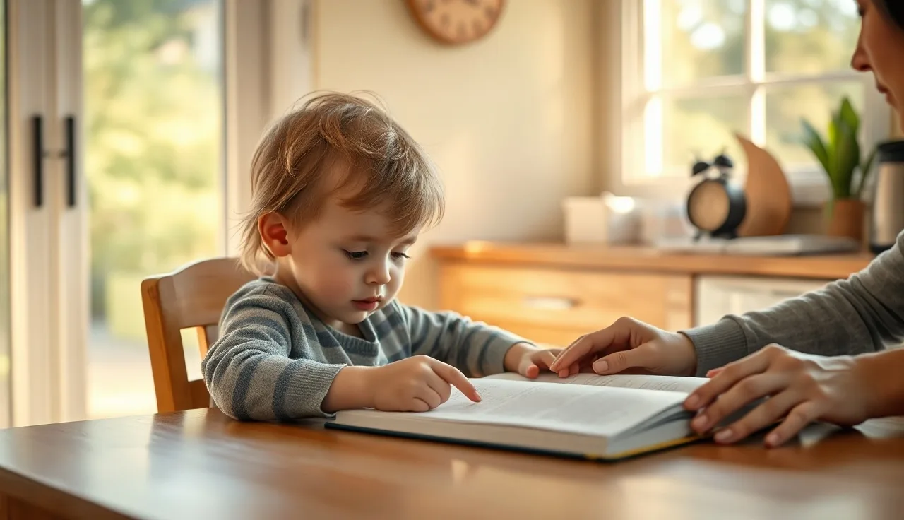 Young child at kitchen table with parent nearby reviewing a reading workbook
