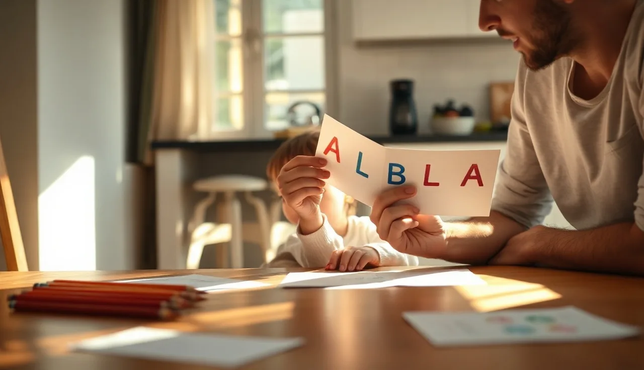Child pointing at a reading flashcard with adult at kitchen table
