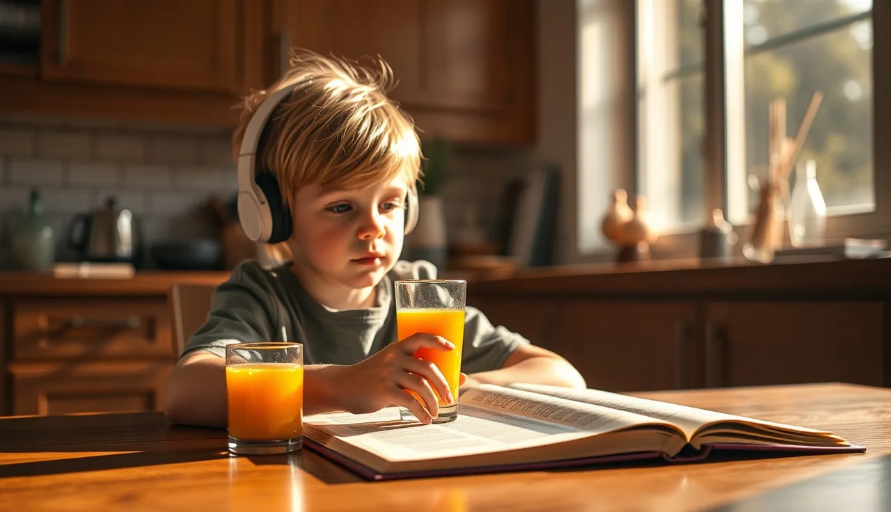 Child with headphones listening while following along in a book at a kitchen table