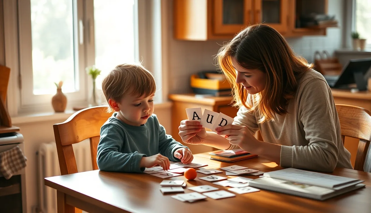 Child and adult tutor working with letter cards at a kitchen table