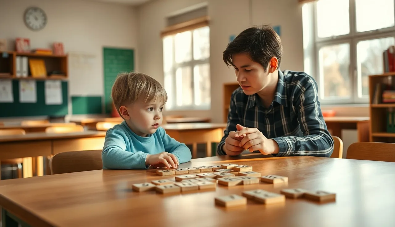Child and adult examiner working with letter tiles during a reading screening session