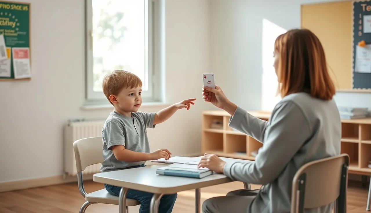 Young child and adult examiner doing a reading screening activity at a school table