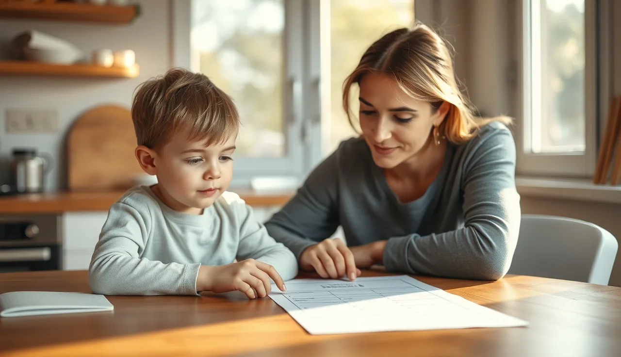 Child and parent at kitchen table examining a reading worksheet in morning light