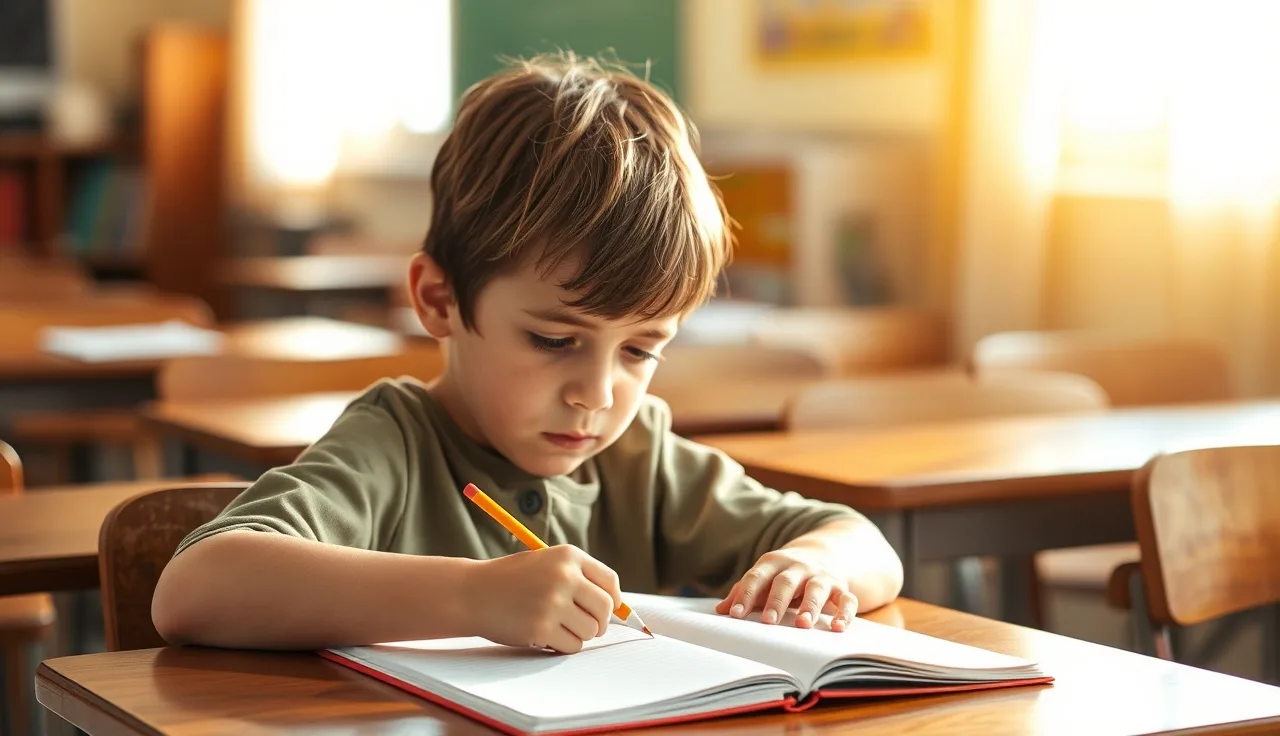 A child resting at a school desk with an open notebook, looking tired and thoughtful