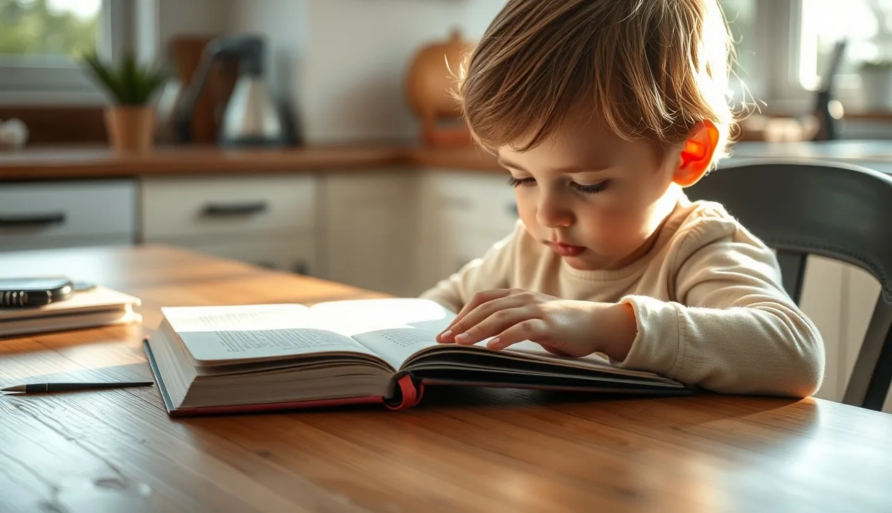 Child tracing a finger under text, showing effortful reading, a common dyslexia symptom