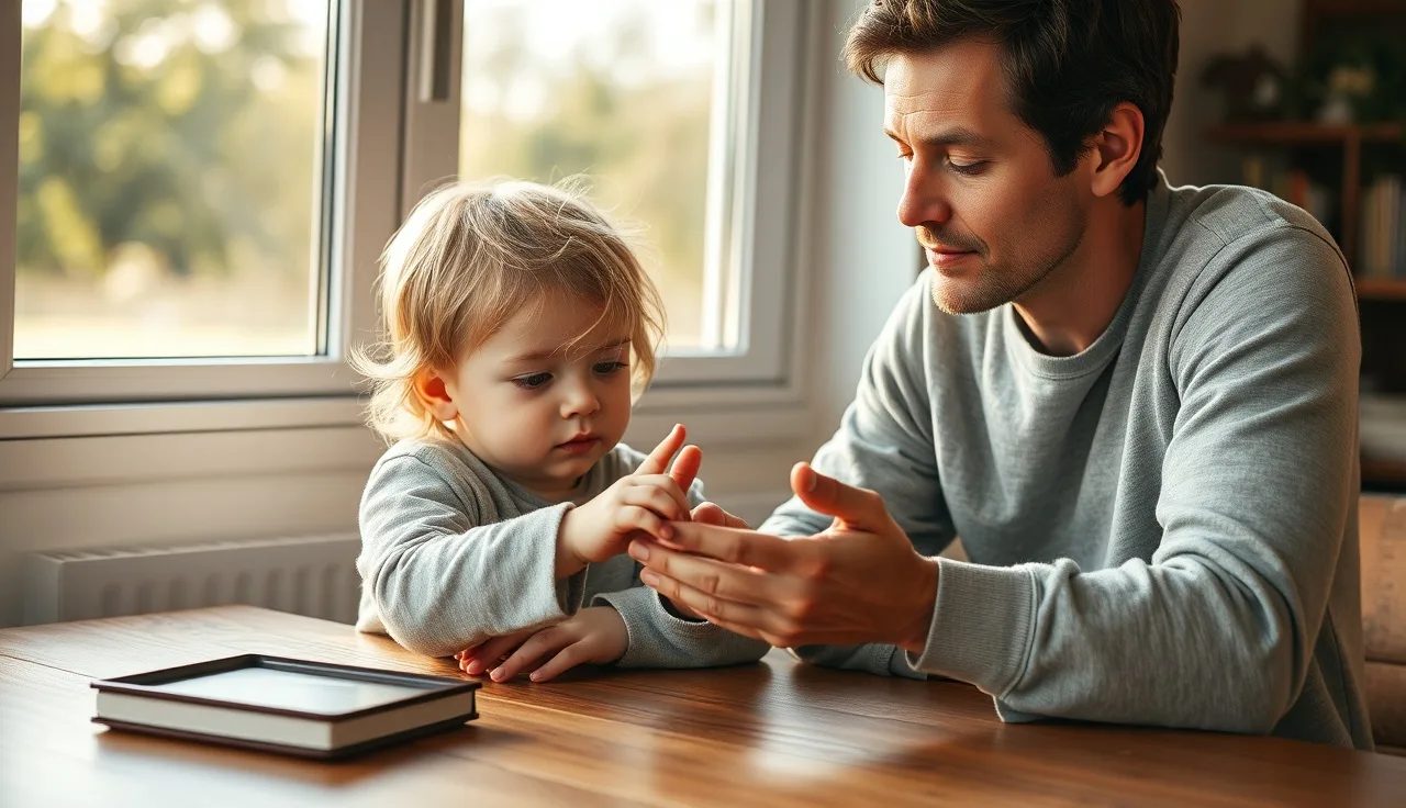 Child and adult practicing phonics together at a sunlit wooden table