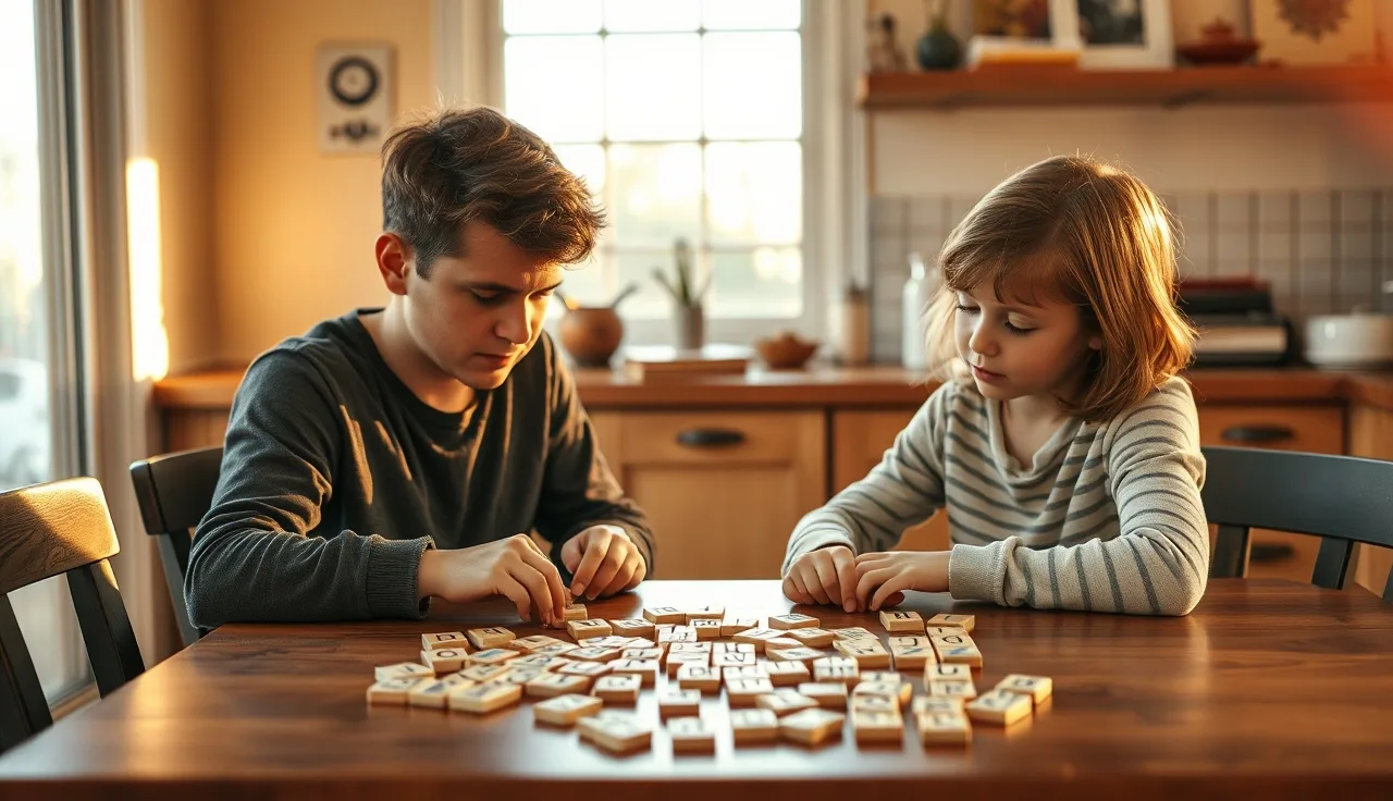 Child and tutor working with letter tiles at a kitchen table for dyslexia reading practice