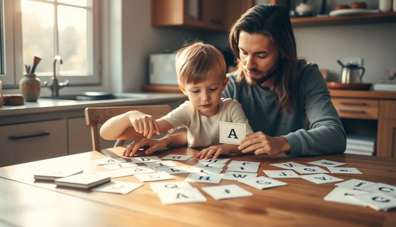 Child and adult working through letter sound cards during dyslexia tutoring session