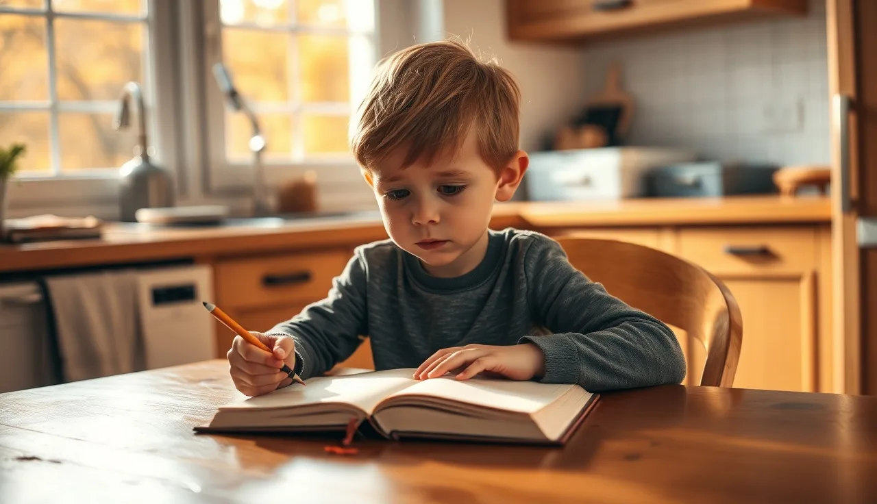 Child with pencil pausing over an open notebook, struggling with writing
