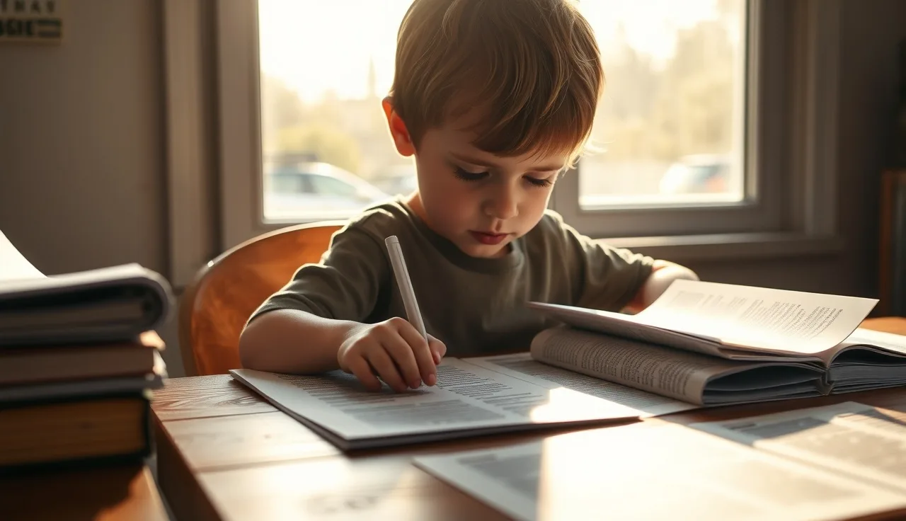 Child reading printed pages at a wooden desk in warm afternoon sunlight