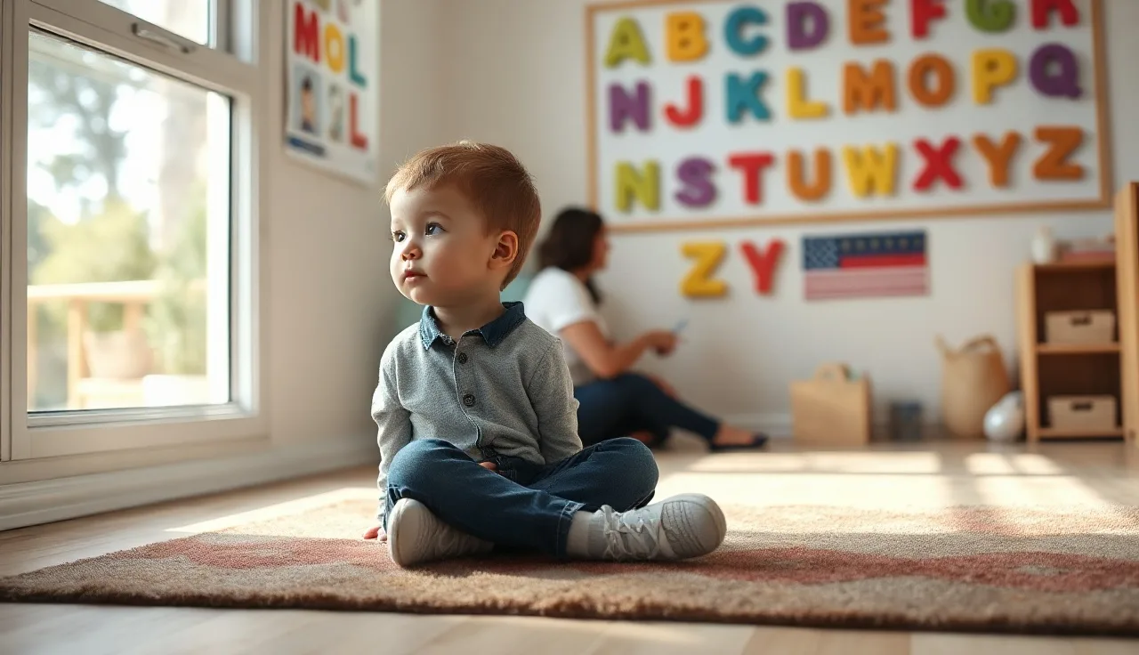 Young child looking at classroom alphabet wall with teacher nearby