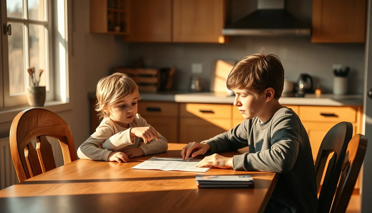 Child and adult working on a reading worksheet at a kitchen table