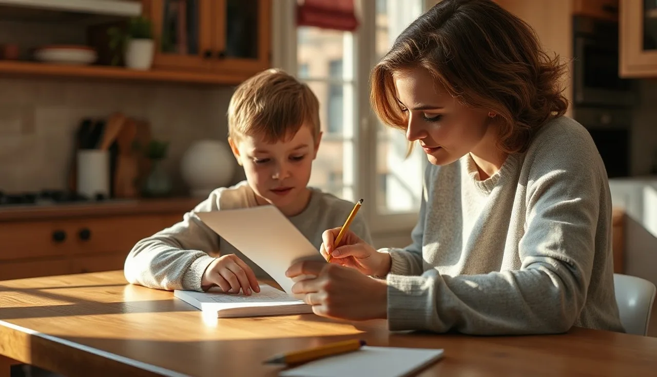 Child and parent working together on a reading worksheet at a kitchen table