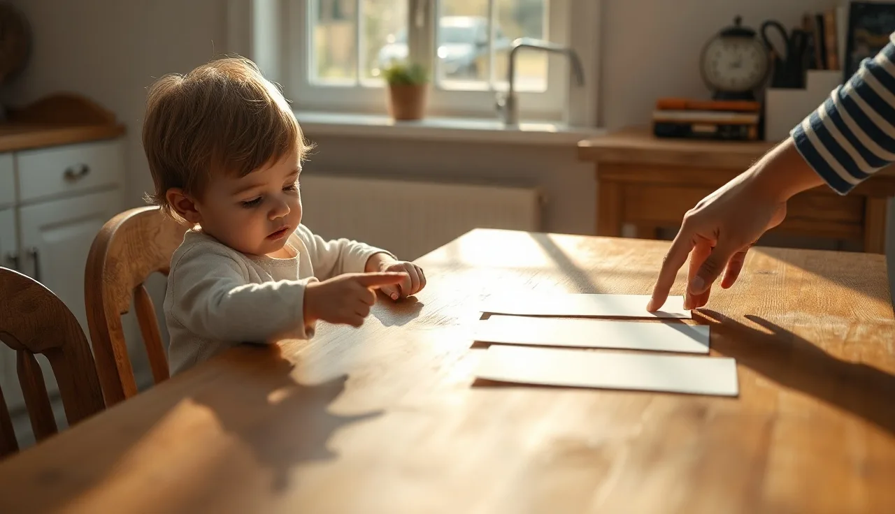 Young child pointing at sight word practice cards on a kitchen table